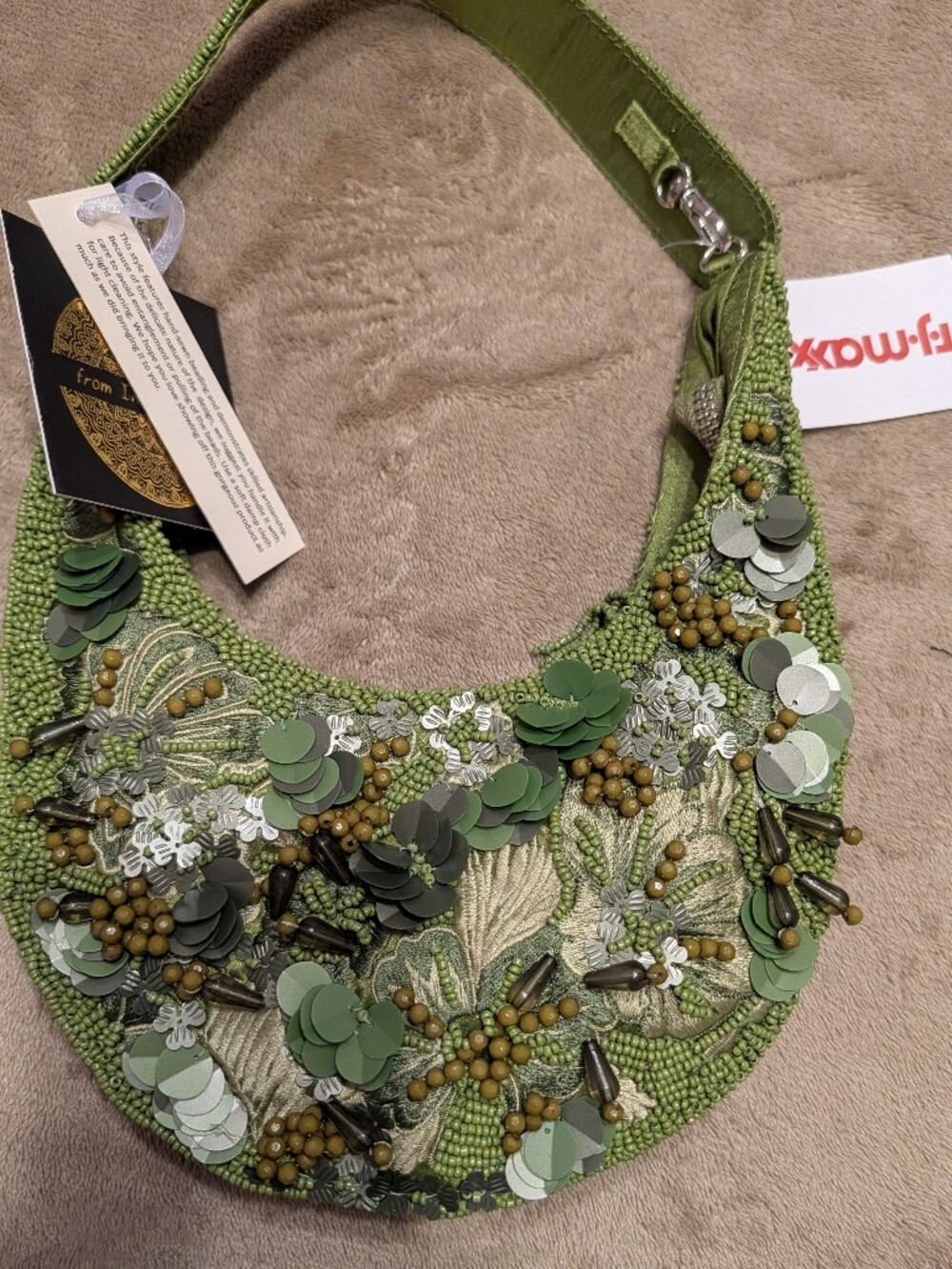 T.J.Maxx Green Beaded Sequin Floral Bag